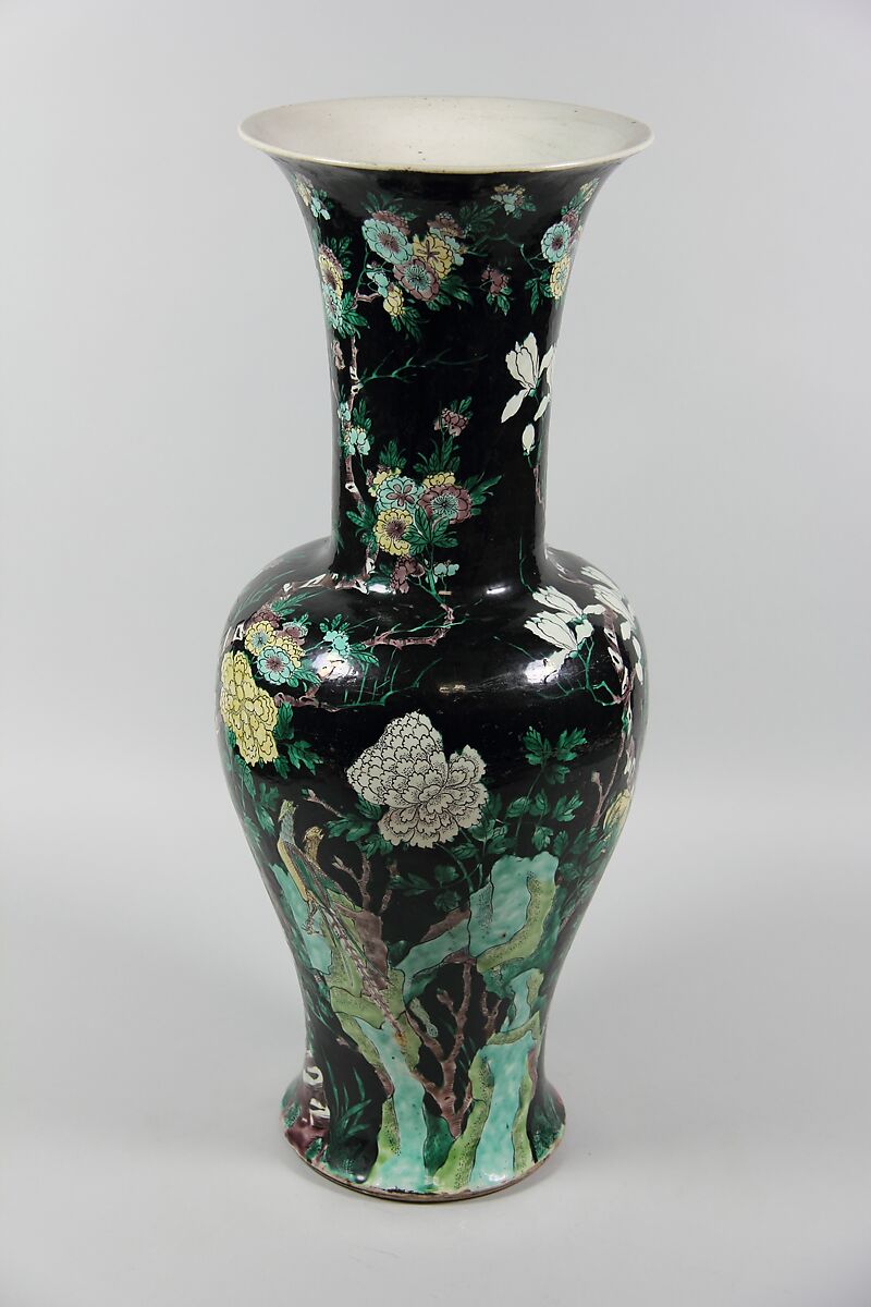 Vase with pheasants, rocks, and flowers, Porcelain painted in overglaze polychrome enamels (Jingdezhen famille noire ware), China