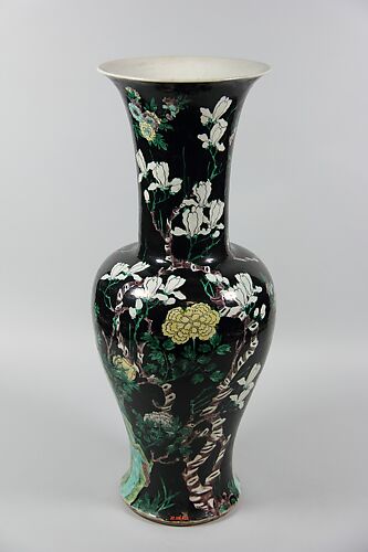 Vase with pheasants, rocks, and flowers