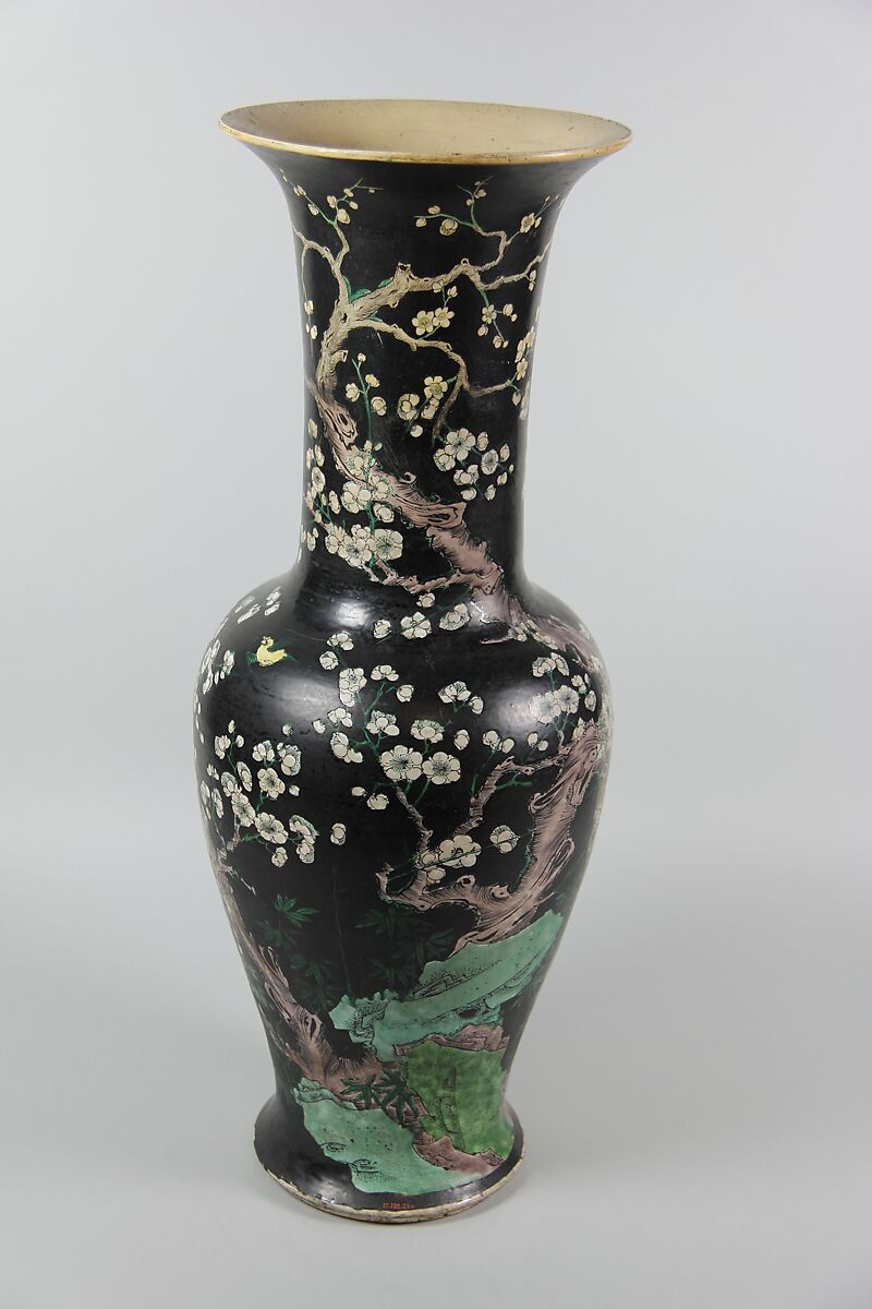 Vase with birds and flowers, Porcelain painted inpolychrome enamels over black ground (Jingdezhen ware, famille noire), China 