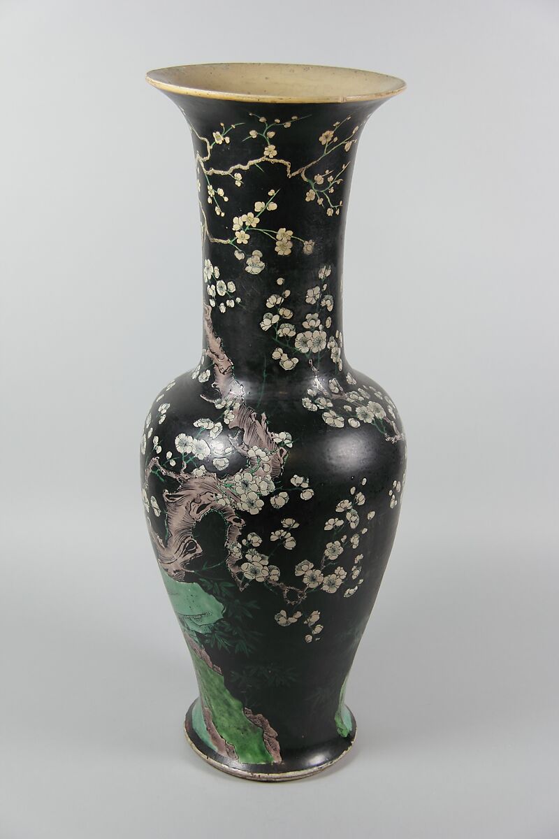 Vase with birds and flowers, Porcelain painted inpolychrome enamels over black ground (Jingdezhen ware, famille noire), China