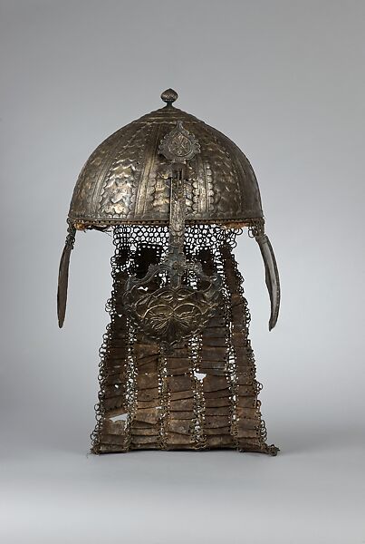 Helmet, Steel, silver, and fabric