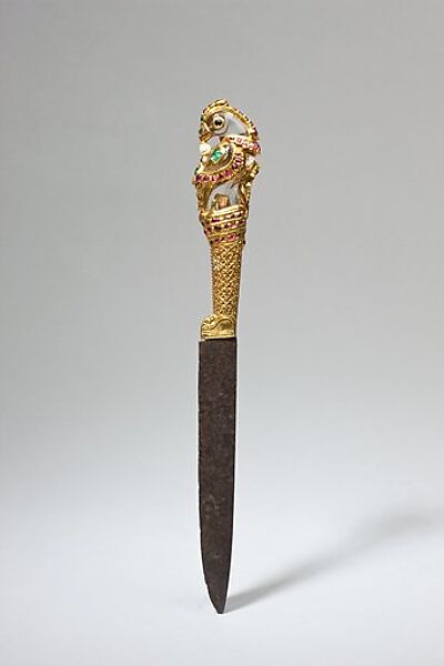 Rock-Crystal Knife with Jeweled Parrot, Steel, gold set with rubies and emeralds, rock crystal. 