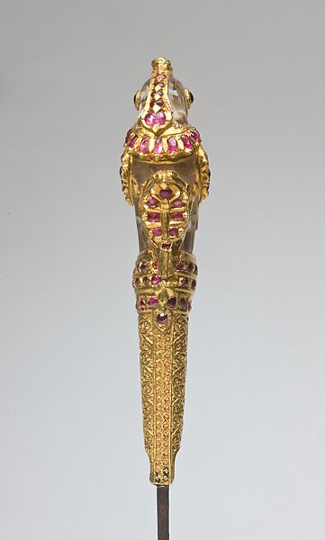 Rock-Crystal Knife with Jeweled Parrot, Steel, gold set with rubies and emeralds, rock crystal.