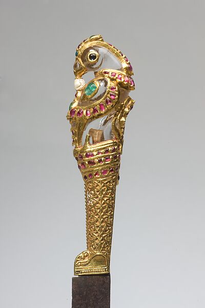 Rock-Crystal Knife with Jeweled Parrot, Steel, gold set with rubies and emeralds, rock crystal.