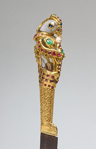 Rock-Crystal Knife with Jeweled Parrot, Steel, gold set with rubies and emeralds, rock crystal.