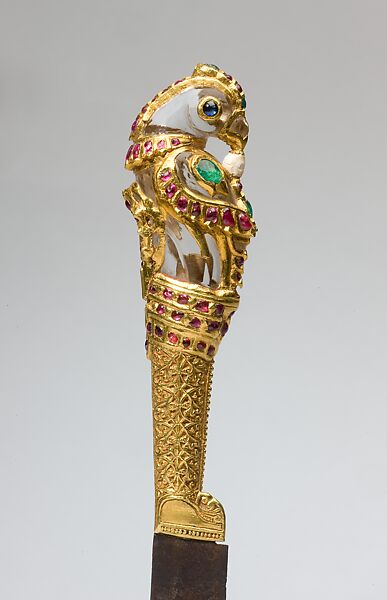 Rock-Crystal Knife with Jeweled Parrot, Steel, gold set with rubies and emeralds, rock crystal.