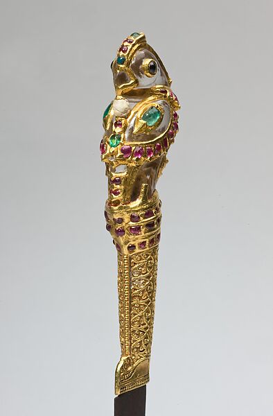 Rock-Crystal Knife with Jeweled Parrot, Steel, gold set with rubies and emeralds, rock crystal.