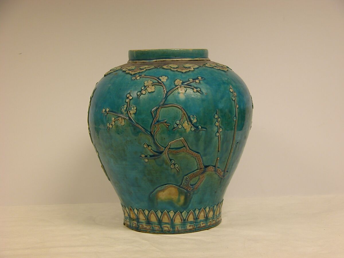 Jar decorated with plum blossoms, Stoneware with aubergine and turquoise glaze (Fahua ware), China