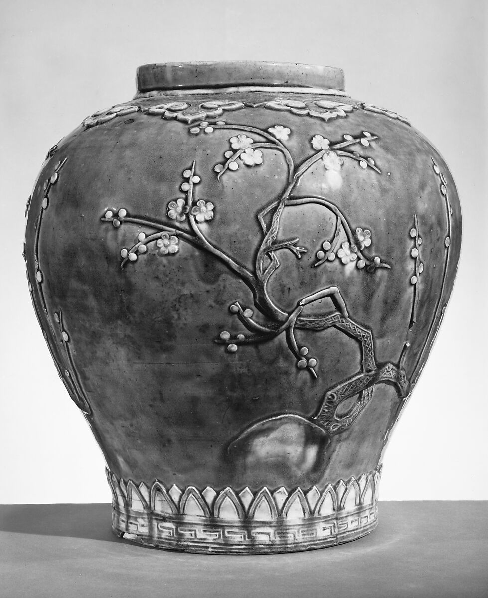 Jar decorated with plum blossoms, Stoneware with aubergine and turquoise glaze (Fahua ware), China