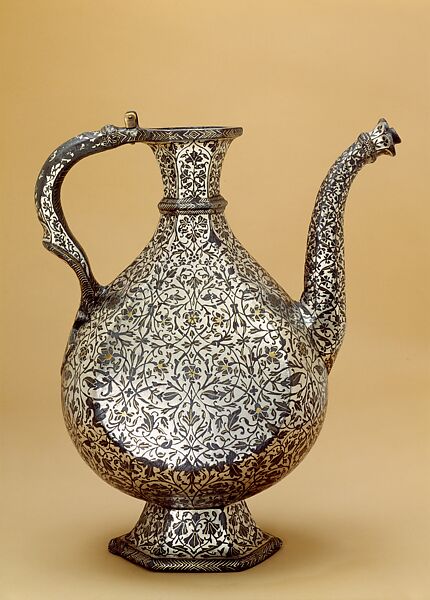 Bidri Ewer, Zinc alloy; cast, engraved, inlaid with silver and brass