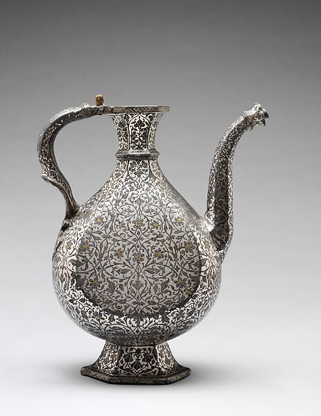 Bidri Ewer, Zinc alloy; cast, engraved, inlaid with silver and brass