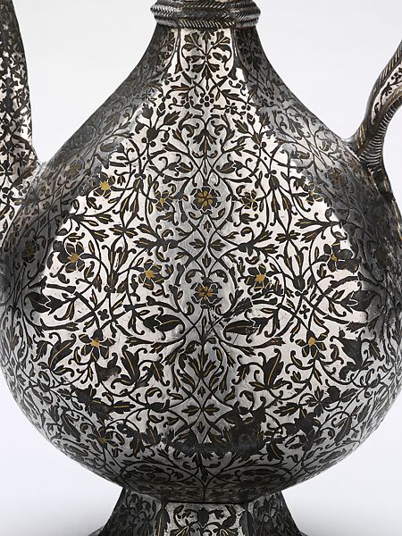 Bidri Ewer, Zinc alloy; cast, engraved, inlaid with silver and brass