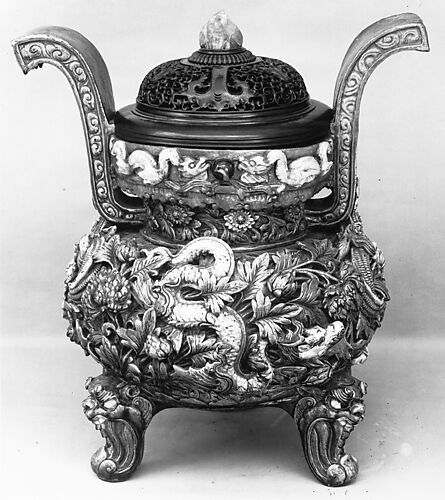 Tripod incense burner with dragon amid flowers