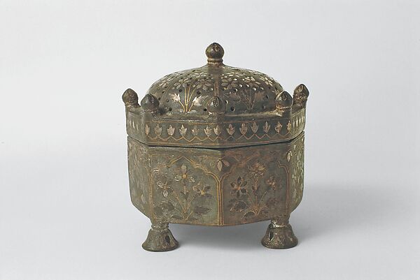 Bidri Incense Burner (Dhupdan) in the Shape of a Tomb, Zinc alloy inlaid with brass and silver 