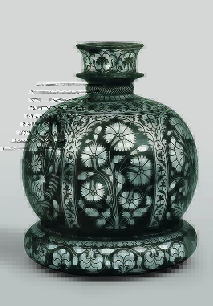 Bidri Huqqa (Water Pipe) Base with Tall Flowers in Arches, and Associated Ring, Zinc alloy inlaid with brass and silver