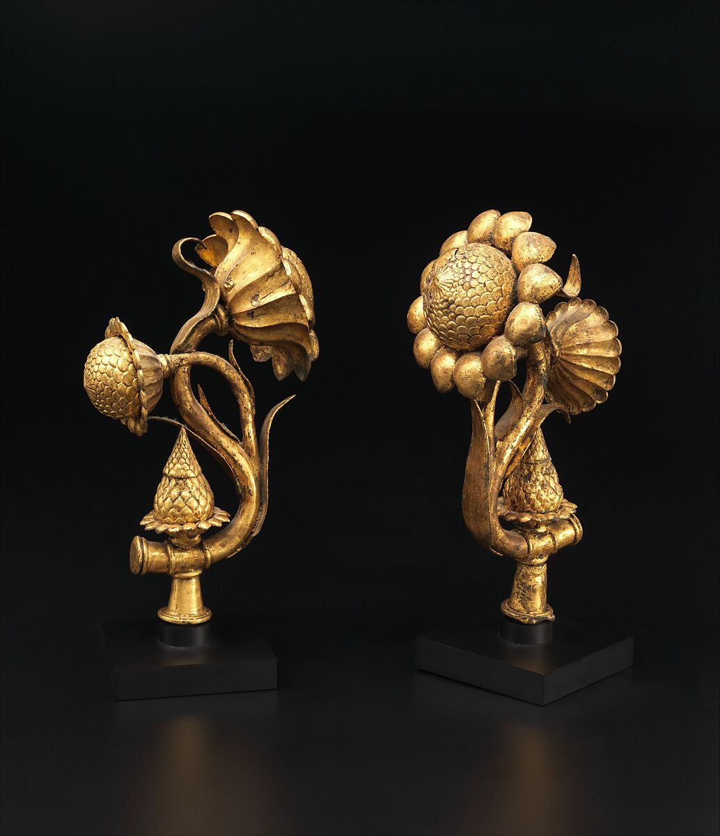A Pair of Lotus Finials, Copper; cast, pierced, chased, and gilded