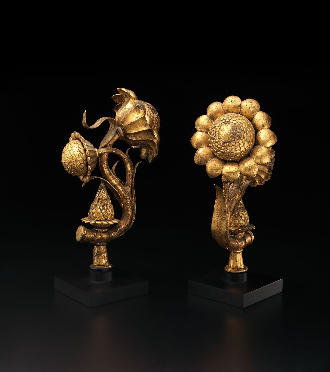 A Pair of Lotus Finials, Copper; cast, pierced, chased, and gilded
