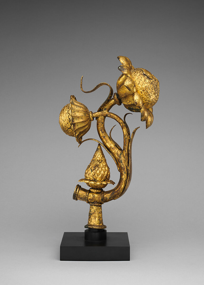 A Pair of Lotus Finials, Copper; cast, pierced, chased, and gilded