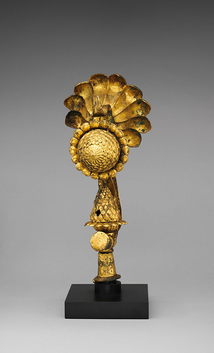 A Pair of Lotus Finials, Copper; cast, pierced, chased, and gilded