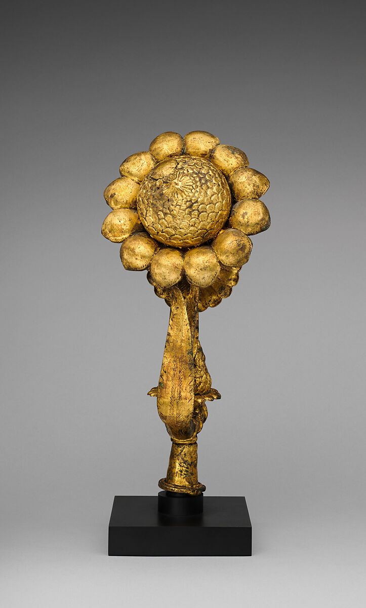 A Pair of Lotus Finials, Copper; cast, pierced, chased, and gilded