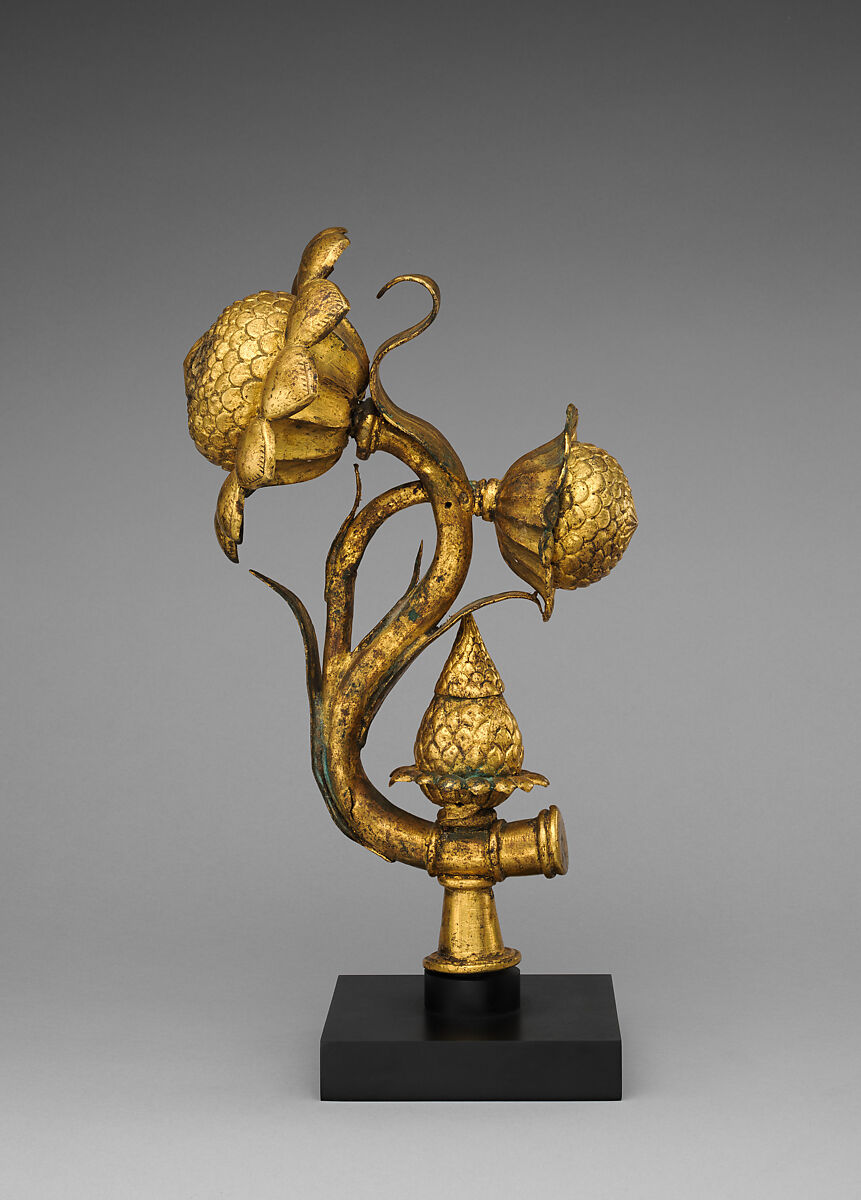 A Pair of Lotus Finials, Copper; cast, pierced, chased, and gilded
