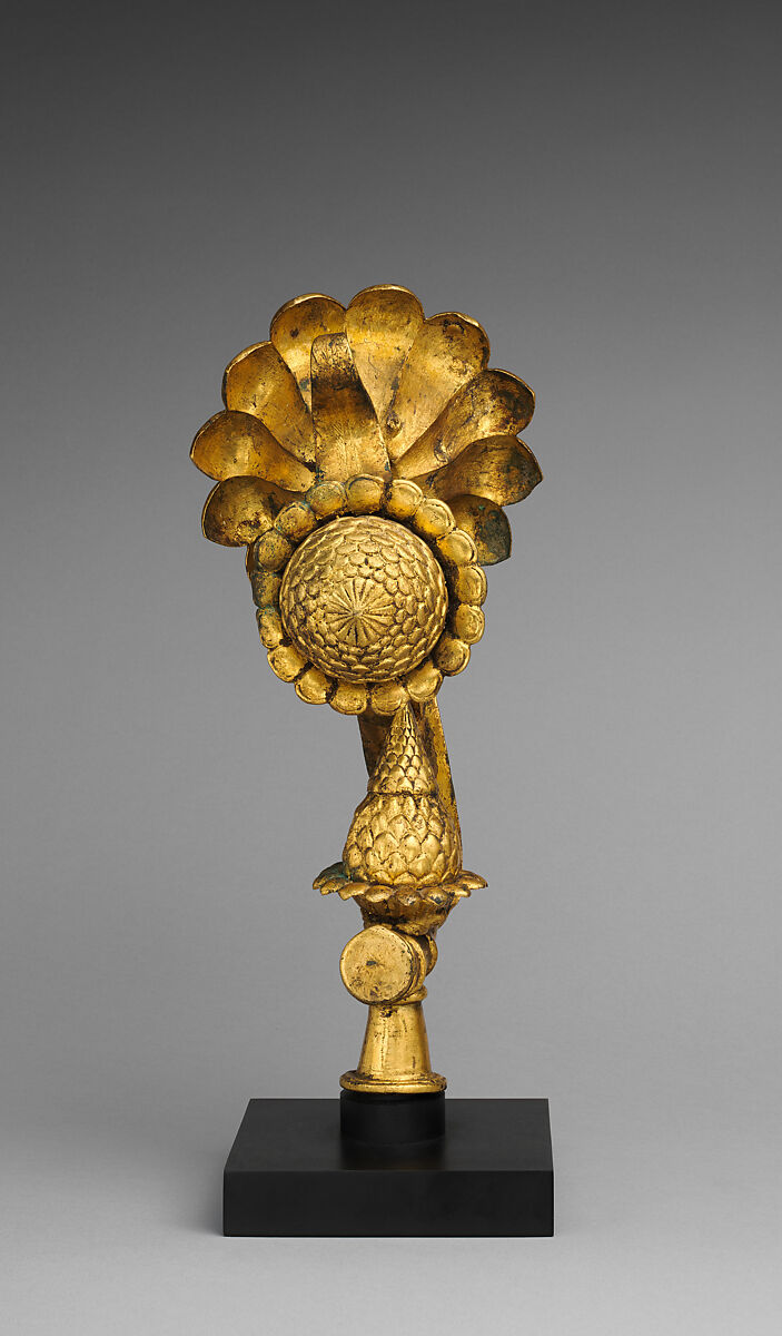 A Pair of Lotus Finials, Copper; cast, pierced, chased, and gilded