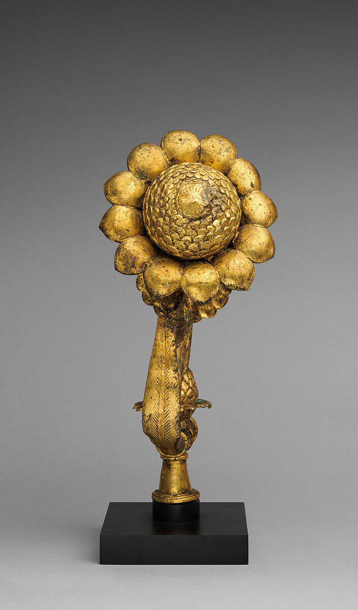 A Pair of Lotus Finials, Copper; cast, pierced, chased, and gilded