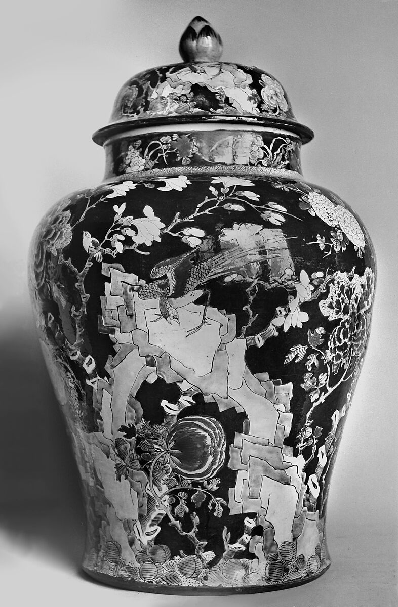 Covered jar with birds and flowers, Porcelain painted inpolychrome enamels over black ground (Jingdezhen ware, famille noire), China 