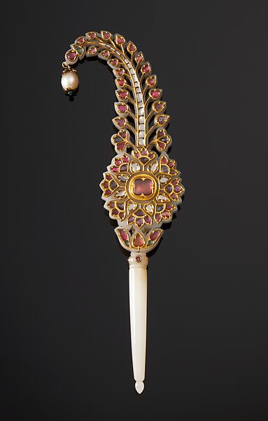Turban Ornament (jigha), Jade, inlaid with diamonds, rubies, and emeralds; with hanging pearl 