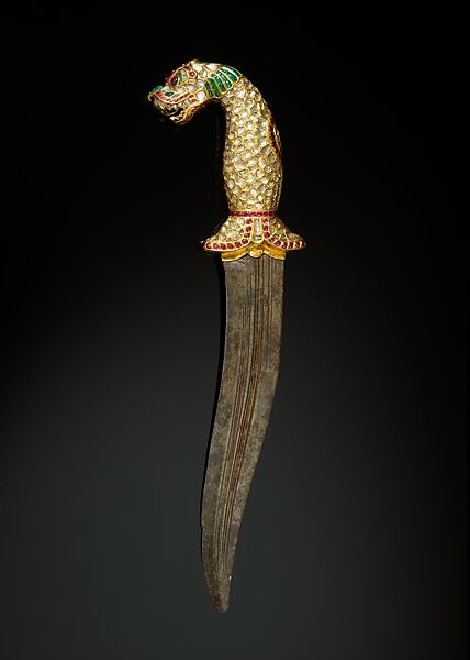 Dagger with a Yali Hilt, Steel blade; gold hilt, inlaid with diamonds, rubies, and emeralds 