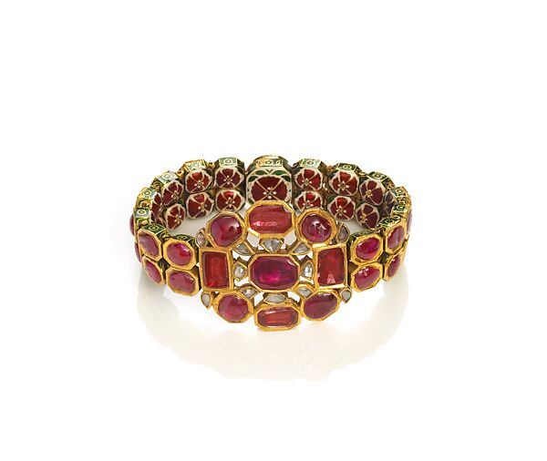 Bracelet, Gold; set with rubies and diamonds; enamel on reverse 