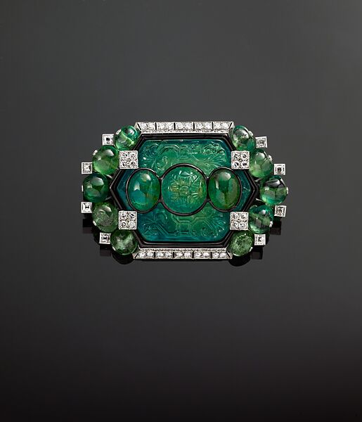 Brooch with Carved Emeralds and Diamonds by Cartier, Cartier (French, founded Paris, 1847), Platinum, set with emeralds, diamonds, and enamel 