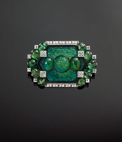 Brooch with Carved Emeralds and Diamonds by Cartier