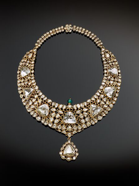 Necklace (kanthi), Gold, set with diamonds and emerald; enamel 