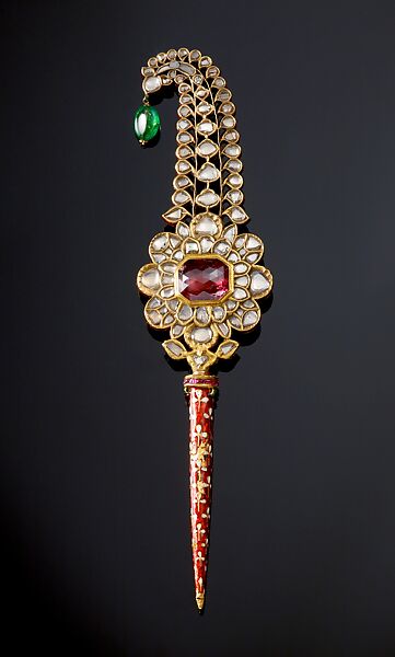 Turban Ornament (jigha), Gold, set with spinel, diamonds, rubies, with hanging emerald; enamel on stem and reverse 