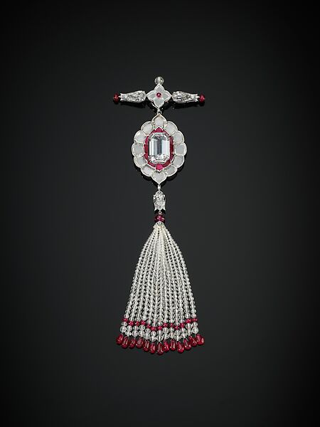 Pendant Brooch, Bhagat, Platinum, set with diamonds and rubies, with diamond and ruby beads 