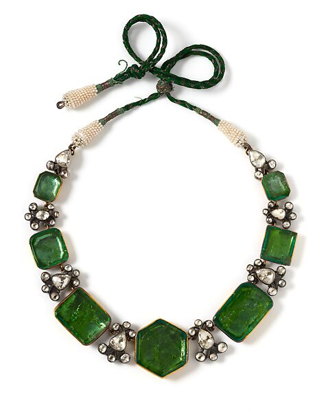 Necklace (kanthi), Gold; set with emeralds; silver, set with diamonds; with pearls and string 