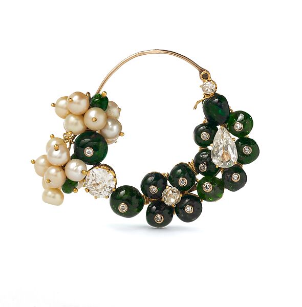 Nose Ring (nath), Gold, with diamonds, seed pearls, and emeralds 