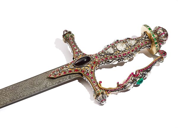 Ceremonial Sword, Steel blade; gold hilt, inlaid with diamonds, rubies, and emeralds, with applied silver wire 