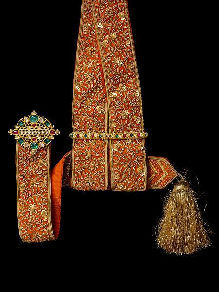 Jeweled Buckle and Slide on Silk Sash, Buckle  and slide: gold set with emeralds, rubies, diamonds; sash: silk embroidered with gold thread 