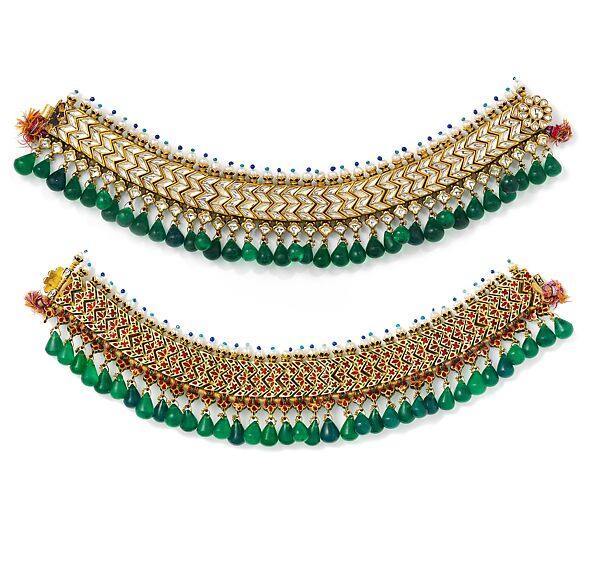 Pair of Anklets, Gold, set with white sapphires,  with attached pearls and hanging glass beads; enamel on reverse 