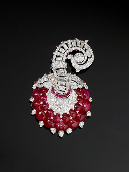 Turban Ornament or Brooch, Platinum, set with rubies and diamonds 