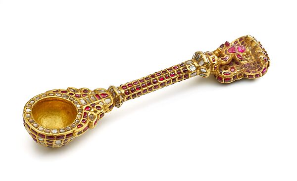 Ritual Spoon (uddharane), Gold, inlaid with diamonds and rubies 