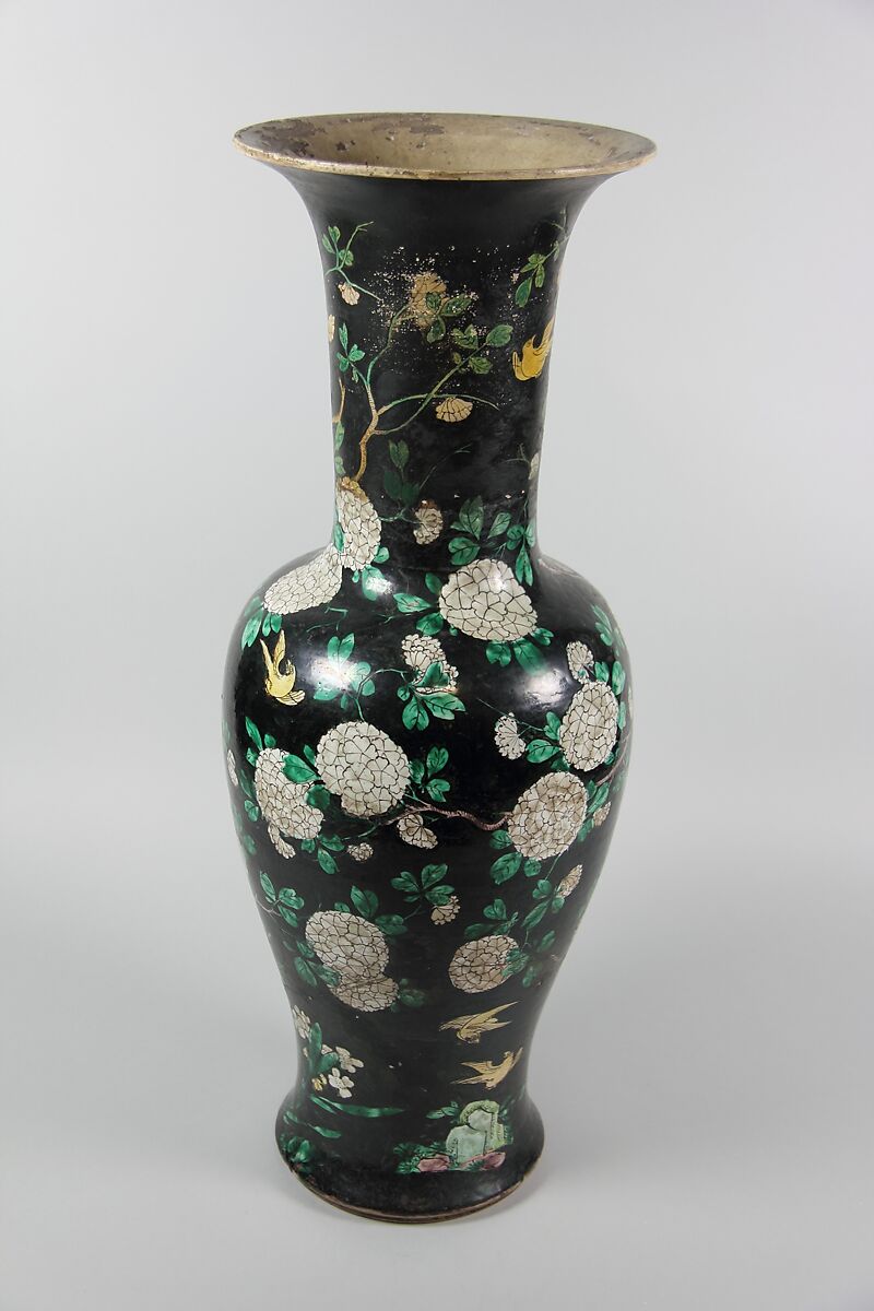 Vase with birds and flowers, Porcelain painted inpolychrome enamels over black ground (Jingdezhen ware, famille noire), China