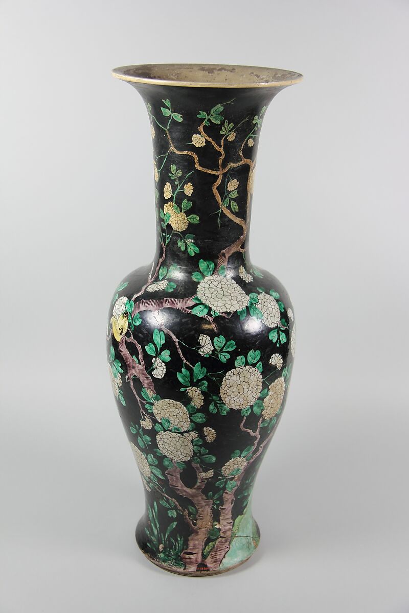 Vase with birds and flowers, Porcelain painted inpolychrome enamels over black ground (Jingdezhen ware, famille noire), China 