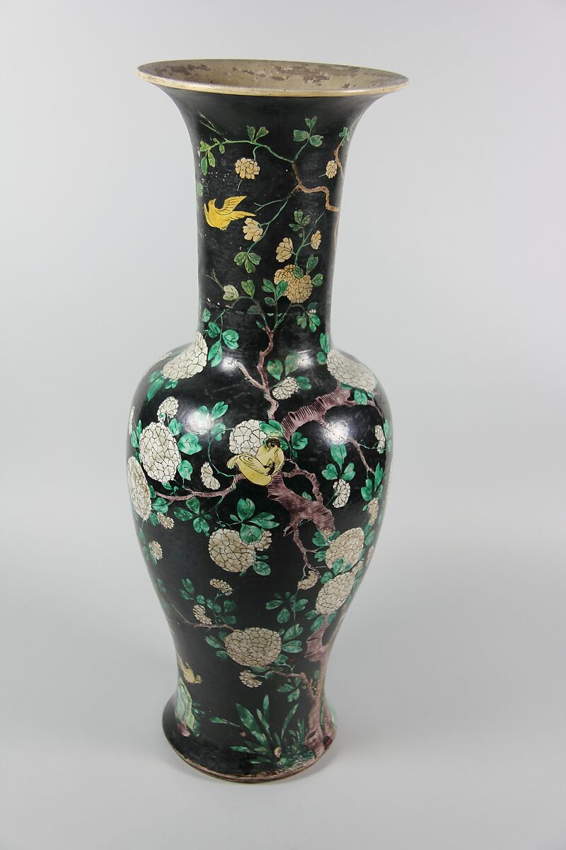 Vase with birds and flowers, Porcelain painted inpolychrome enamels over black ground (Jingdezhen ware, famille noire), China