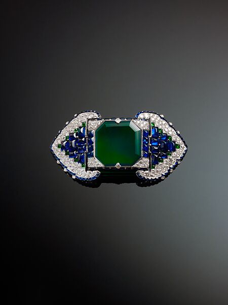 Belt Brooch, Cartier (French, founded Paris, 1847), Platinum, set with emeralds, sapphires, and diamonds 