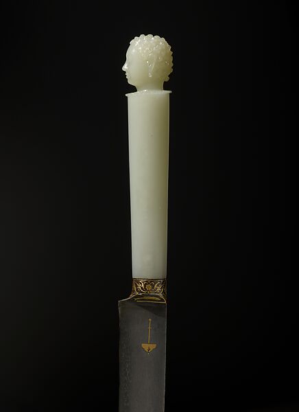 Dagger (kard) with European Head, Watered steel blade, inlaid with gold; jade hilt 