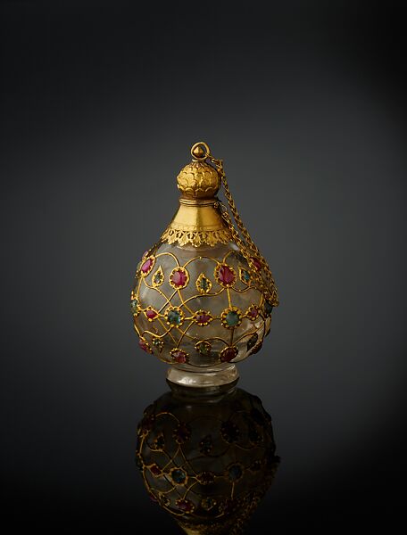 Flask, Rock crystal, inlaid with gold wire, rubies, and emeralds, with gold collar, stopper, and foot 