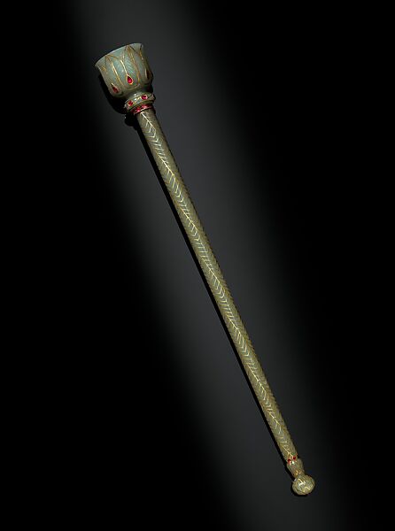 Fly Whisk Holder (chauri), Jade, inlaid with gold wire and rubies 
